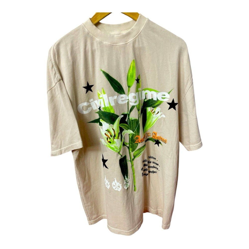 Civil Regime Beige Graphic Short Sleeve Tee with Green Floral Print
